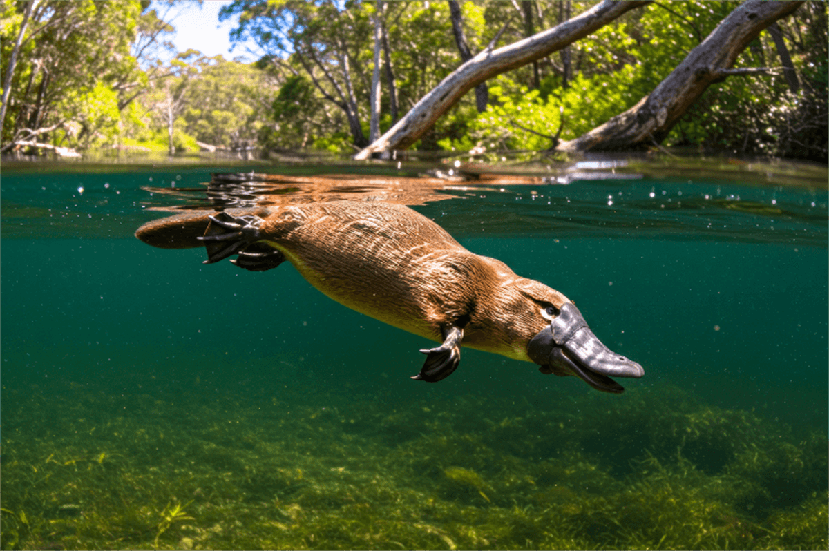 A platypus swimming below the surface of a clear Australian creek